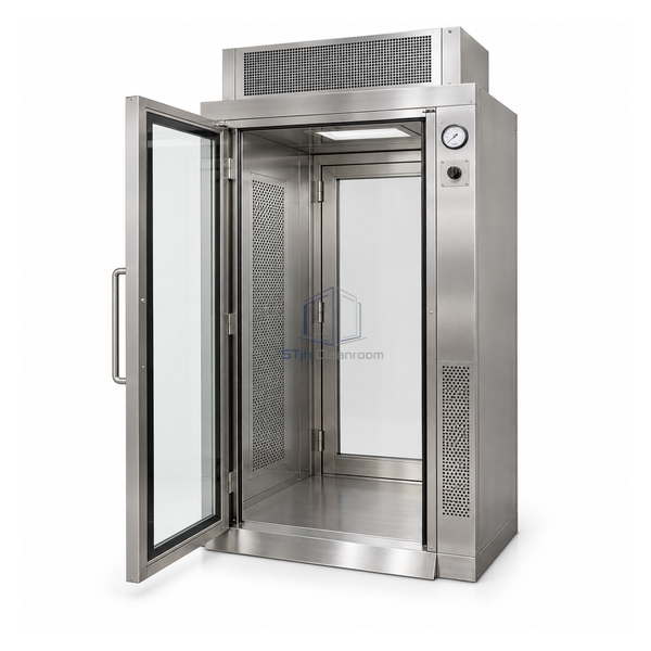 STjh floor-standing 375 CFM HEPA pass box with top filter module, side returns and open cart threshold