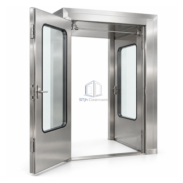 STjh standard floor-standing 304 stainless pass box with full-height glazed doors and an open cart threshold