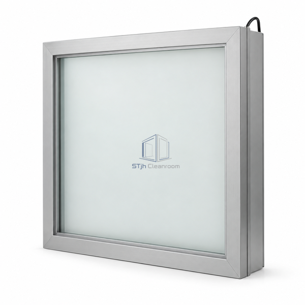STJH-FLUSH-CLEANROOM-VISION-PANEL-50-PRIVACY switchable opaque-glass cleanroom vision panel on white background