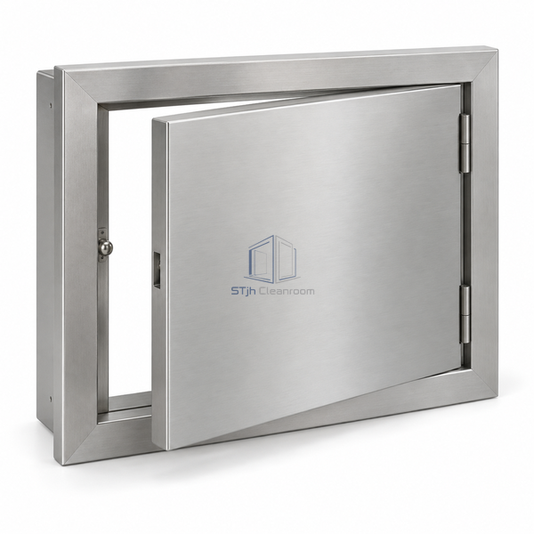 STJH-FLUSH-CLEANROOM-WALL-ACCESS-PANEL-BALL-CATCH stainless ball-catch service hatch on white background