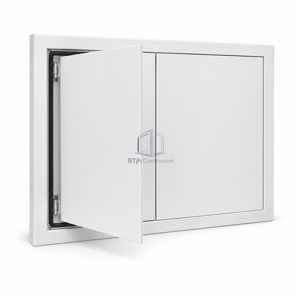 STJH-FLUSH-CLEANROOM-WALL-ACCESS-PANEL-DOUBLE-GASKET white twin-leaf gasketed wall access panel on white background