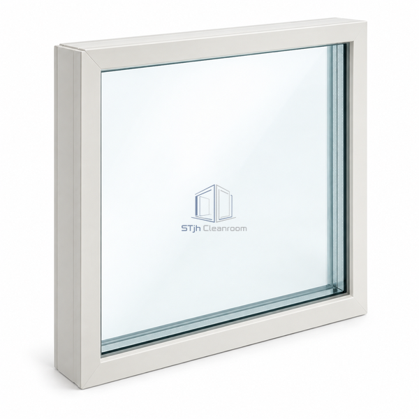 STjh 50 mm CPVC-frame flush vision panel on white, showing two clear glass faces and a pale nonmetallic perimeter in three-quarter view.