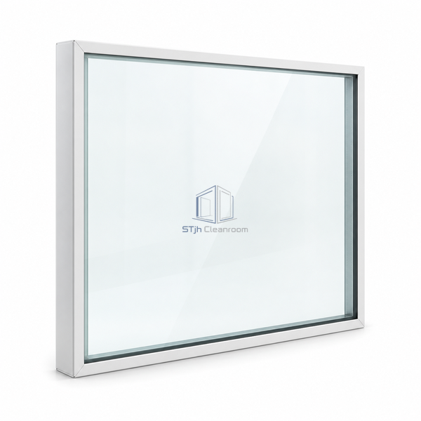 STjh 60 mm monoblock cleanroom vision panel on white, showing flush glass faces and a shallow aluminum perimeter profile.