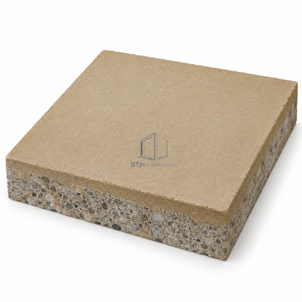 STJH 9 mm heavy-trowel antimicrobial PU-cement cured sample with fine texture and thick cut section on white