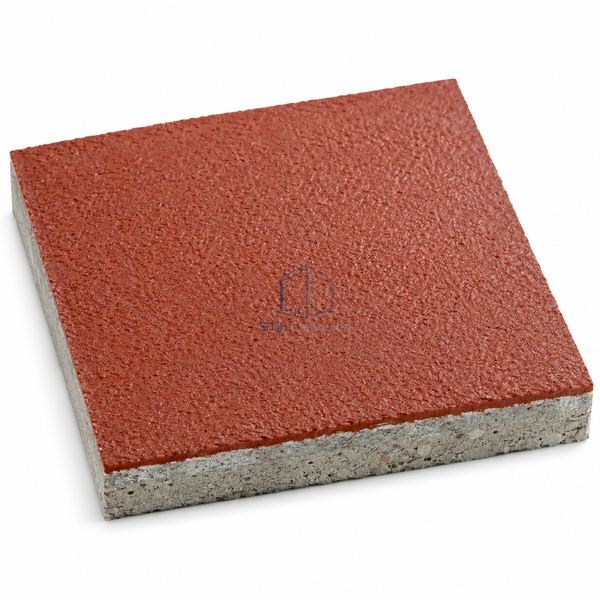 STJH 6 mm washdown polyurethane-cement cured flooring sample with textured surface and mineral cut edge on white
