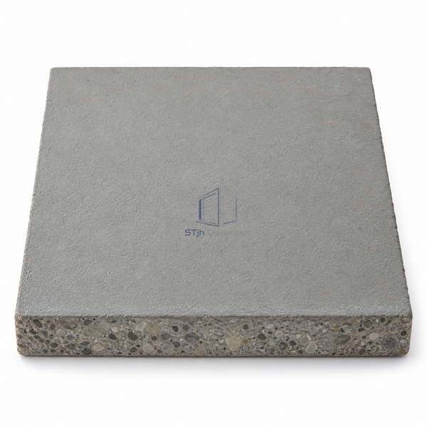 STJH fast-return PU-cement cured floor sample with light texture and complete 6 mm cut body on white