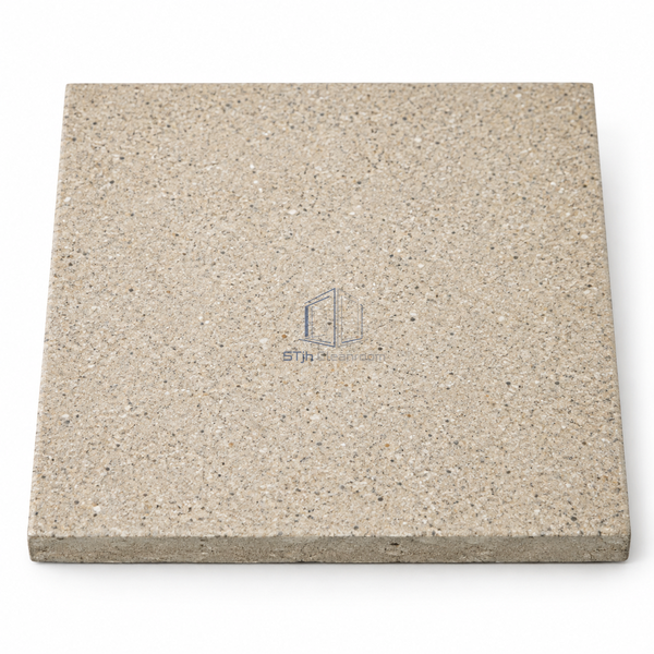 STJH 4 mm PU-cement flooring cured sample with fine broadcast texture and complete layered cut edge on white