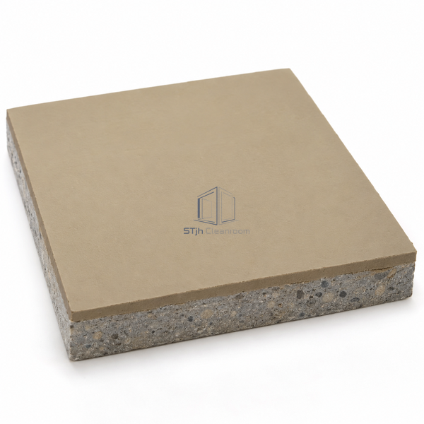 STJH smooth matt PU-cement cured sample with uniform face and complete 4-5 mm mineral-filled edge on white