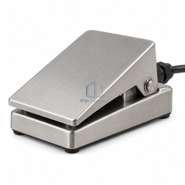 STJH stainless mechanical foot pedal with nonskid base and cable on white.