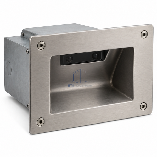 STJH recessed photoelectric toe switch with open sensing pocket on white.
