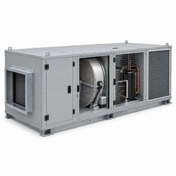 STjh 1000 CFM fresh-air dehumidification unit with a low compact wheel-and-refrigeration cabinet on white.
