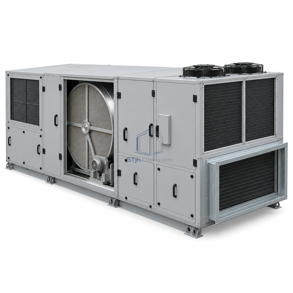 STjh 3000 CFM fresh-air dehumidification unit with a larger wheel compartment and broad refrigeration bay on white.