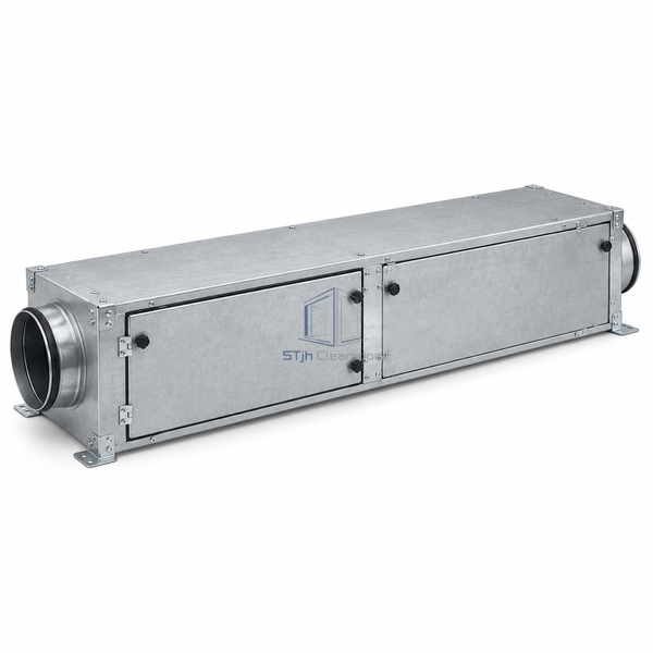 STjh 1463 x 557 mm fresh air handling unit with a slim galvanized cabinet and 200 mm duct connection on white.