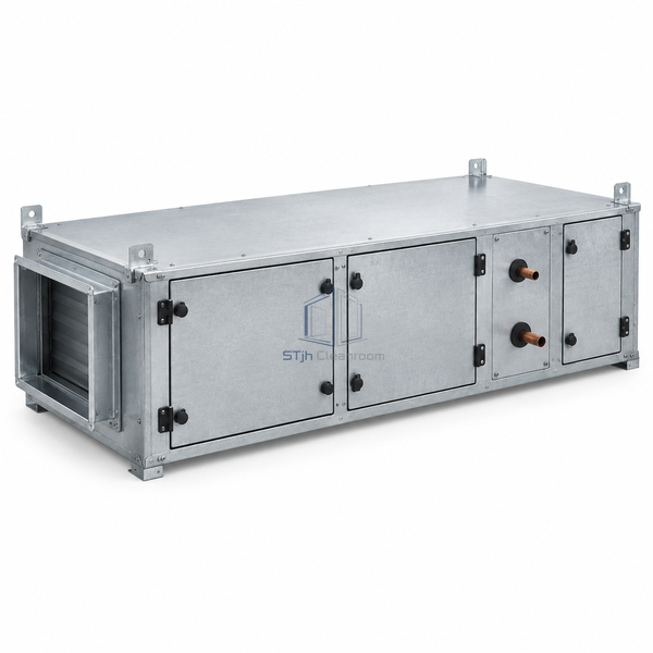 STjh 1497 x 749 mm fresh air handling unit with a wider low-profile casing and larger air connection on white.