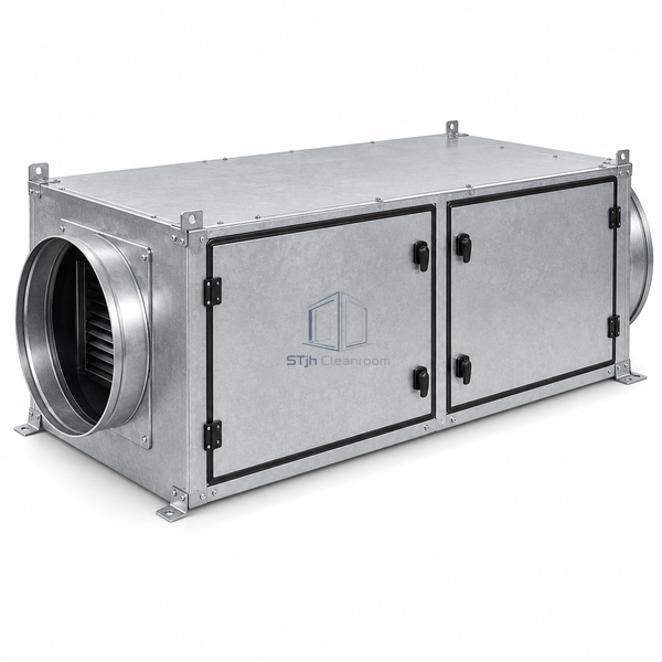 STjh 1497 x 849 mm fresh air handling unit with a deep galvanized chassis and 500 mm connection envelope on white.