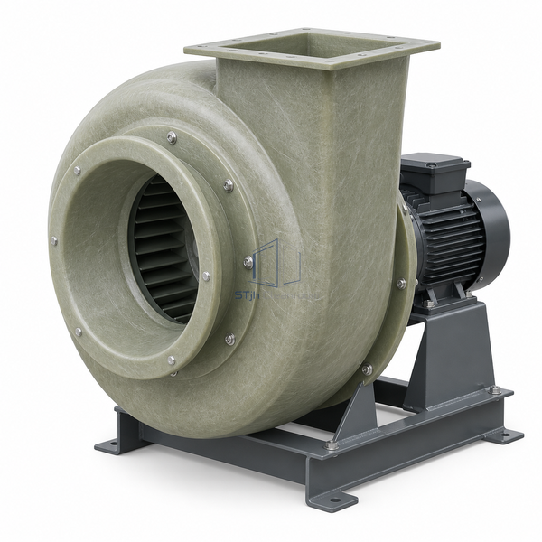 STjh 18-inch FRP corrosion-resistant exhaust fan with a compact molded volute and short motor base on white.