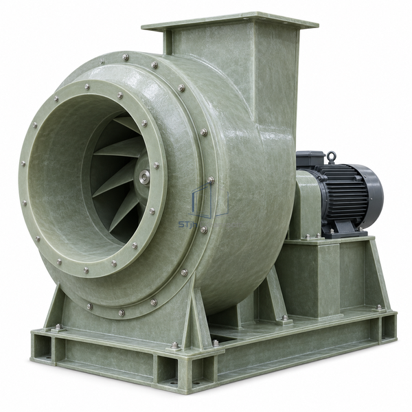 STjh 36-inch FRP corrosion-resistant exhaust fan with a larger volute and bearing-supported shaft on white.