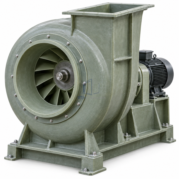 STjh 60-inch FRP corrosion-resistant exhaust fan with a massive molded casing and heavy drive base on white.