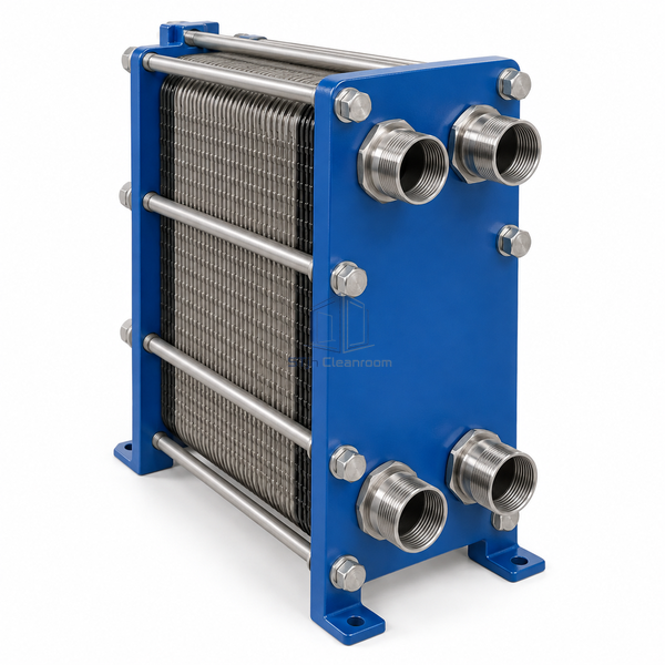 STjh 12.5 ft2 plate-and-frame heat exchanger with fifteen plates and two-inch threaded connections on white.