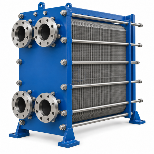 STjh 50.4 ft2 gasketed plate-and-frame heat exchanger with a broad twenty-plate pack and four-inch flanges on white.