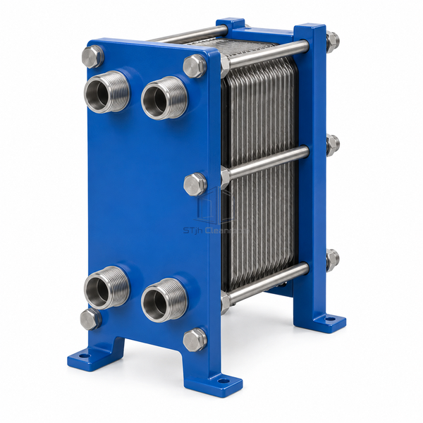 STjh 6.4 ft2 gasketed plate-and-frame heat exchanger with a compact ten-plate pack and threaded ports on white.