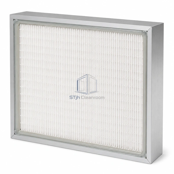 STJH-GEL-SEAL-HEPA-H14-70 square gel-seal HEPA filter with blue channel on a white background