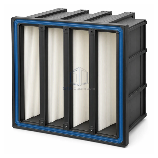 STJH-GEL-SEAL-HEPA-H14-VBANK-292 deep black V-bank HEPA filter with continuous blue gel trough on a white background