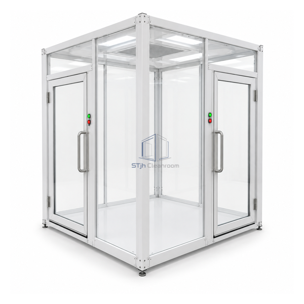 STjh compact 6 by 6 foot hardwall gowning airlock with clear acrylic panels and interlocked swing doors