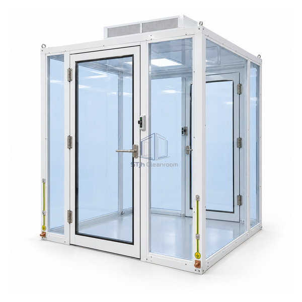 STjh 6 by 6 foot static-dissipative gowning airlock with tinted PVC hardwalls and visible grounding hardware