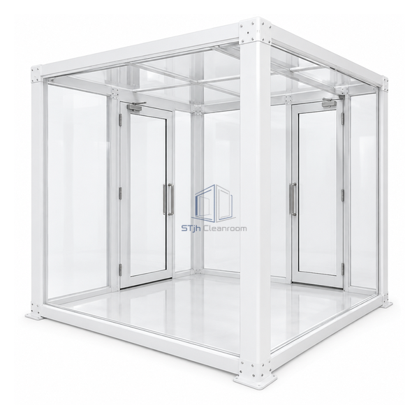 STjh large 8 by 8 foot acrylic hardwall gowning airlock with broad clear-panel room and reinforced frame