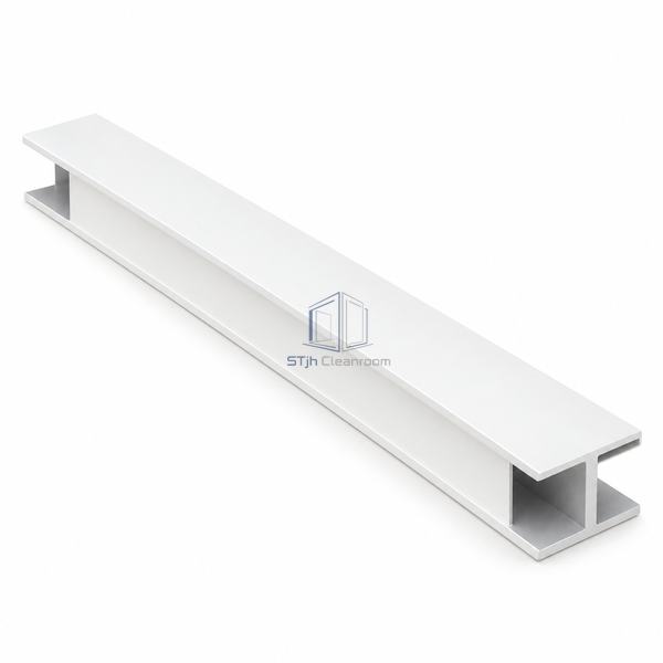 STJH-H-TYPE-CLEANROOM-CONNECTOR-50X6000 white aluminum H-bar showing opposed panel sides on a white background
