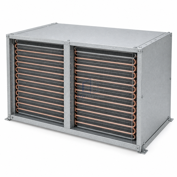 STjh equal bidirectional heat-pipe recovery unit with level side-by-side finned sections and a central divider on white.