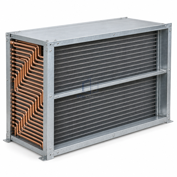 STjh heating-optimized heat-pipe recovery unit with side-by-side finned sections and visible Z-circuit routing on white.