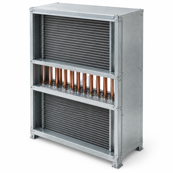 STjh over-under heat-pipe energy recovery unit with stacked air passages and vertical connecting tubes on white.