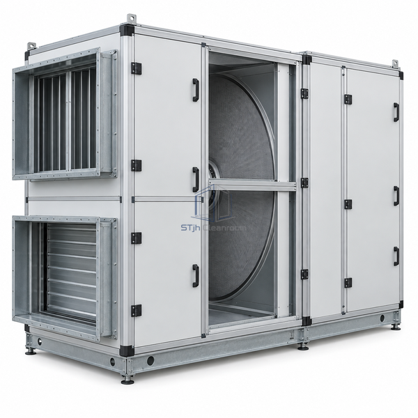 STjh 12900 m3/h heat recovery air handling unit with a broad casing and rectangular duct connections on white.
