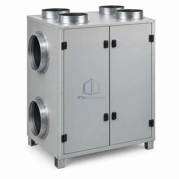 STjh 1960 m3/h heat recovery air handling unit with compact rotary-recovery casing and circular duct connections on white.