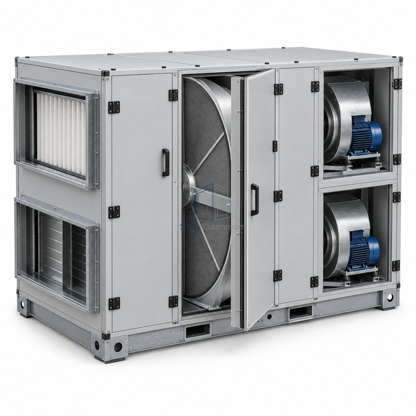 STjh 4390 m3/h heat recovery air handling unit with an enlarged rotary-wheel compartment, main view on white.