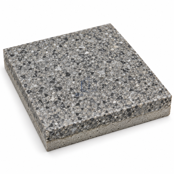 STJH AO60 aluminum-oxide epoxy mortar sample with urethane-sealed top and coarse mineral cut edge on white
