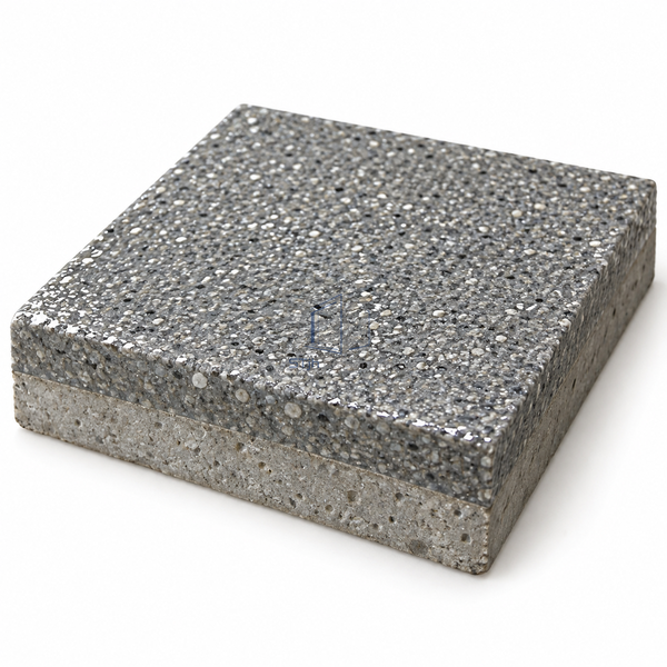 STJH SR46 epoxy mortar flooring sample showing a sealed granular face and layered cut edge on white