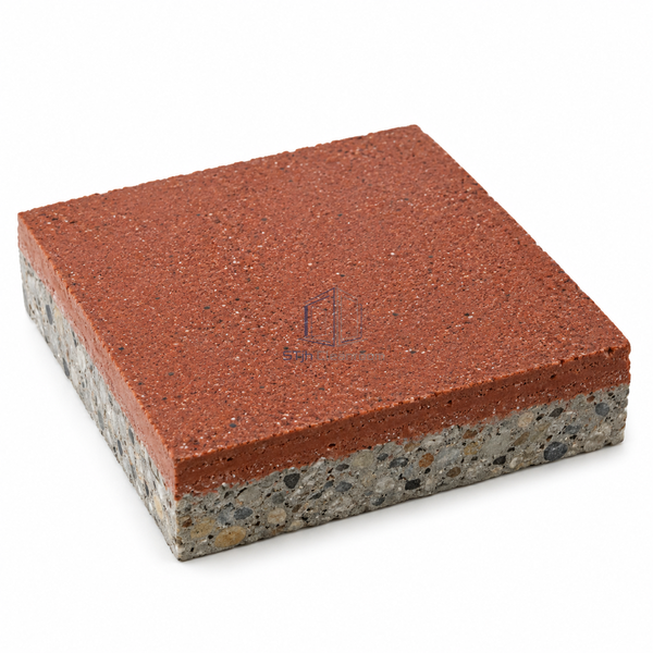 STJH HT12 cured polyurethane-cement sample with a deep aggregate screed and visible trowelled surface on white