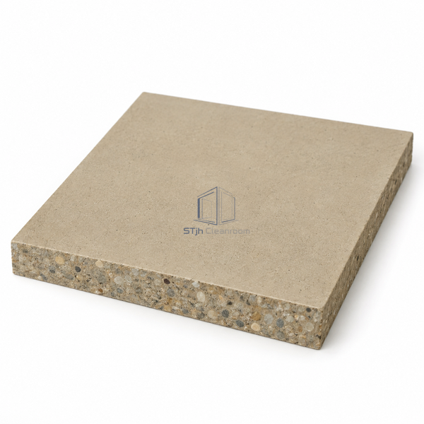 STJH SMOOTH-46MM polyurethane-cement sample with a smooth face and dense mineral cut edge on white
