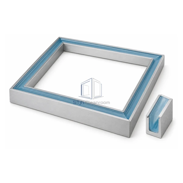 STJH-HEPA-GEL-CHANNEL-PU-127X138 square aluminum frame with blue polyurethane gel channel on a white background
