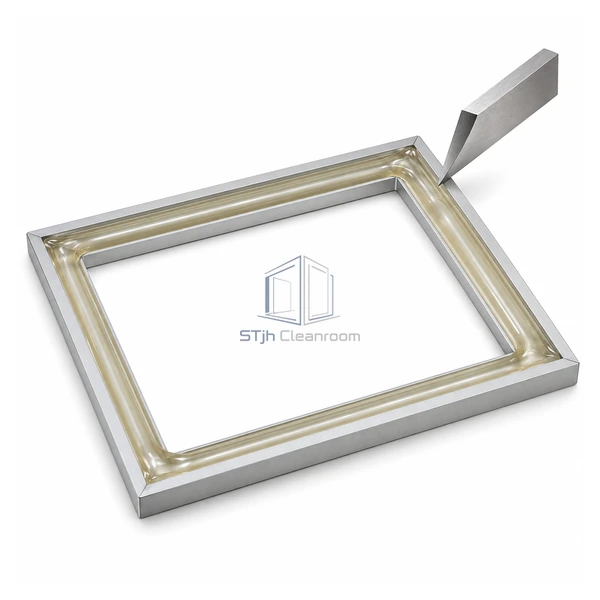 STJH-HEPA-GEL-CHANNEL-SILICONE aluminum HEPA frame with amber silicone gel channel and knife-edge sample on a white background