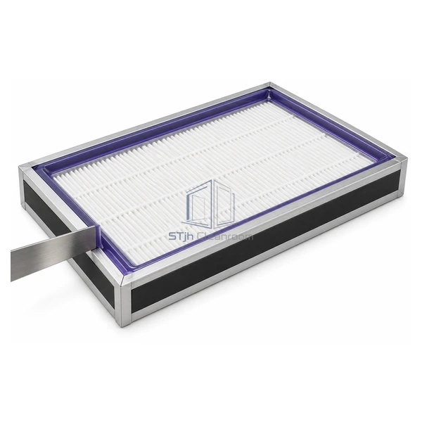 STJH-HEPA-GEL-CHANNEL-SILICONEFREE aluminum HEPA filter frame with violet silicone-free urethane gel channel on a white background
