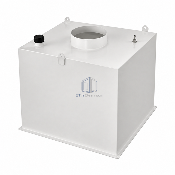 STjh mini white HEPA terminal housing with a deep square casing, small top inlet and black capped test port