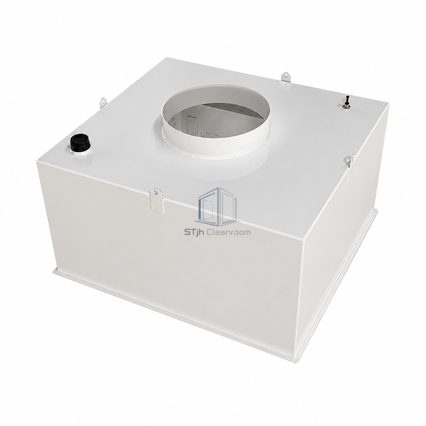 STjh 650 mm standard HEPA terminal housing showing the top duct spigot, hanging tabs and shallow square casing
