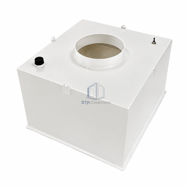 STjh 591 mm T-grid HEPA terminal housing with a broad top inlet collar and white mounting flange