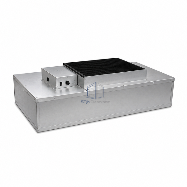 STjh 24 x 36 inch standard high-airflow fan filter unit with a square black prefilter and integral aluminum housing
