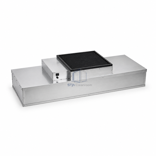 STjh long 24 x 48 inch standard high-airflow FFU with extended aluminum deck and a central square prefilter