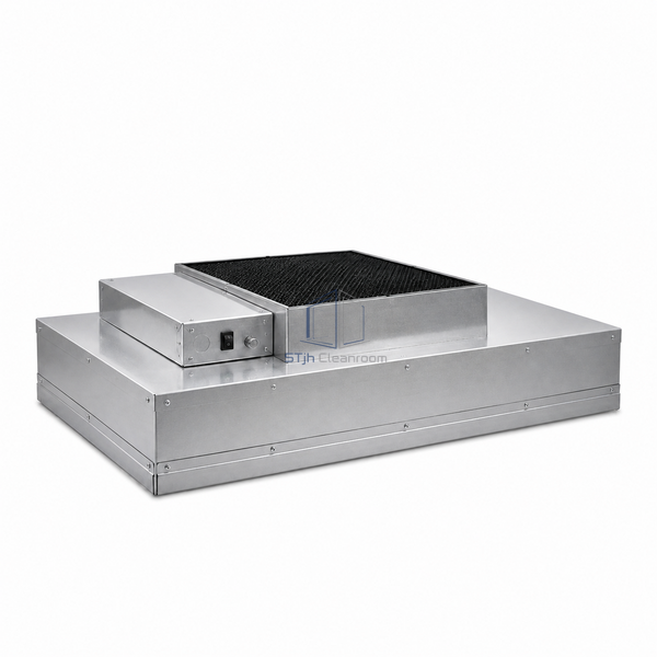 STjh 24 x 48 inch high-airflow FFU with a separate lower room-side filter frame and adjacent top control enclosure